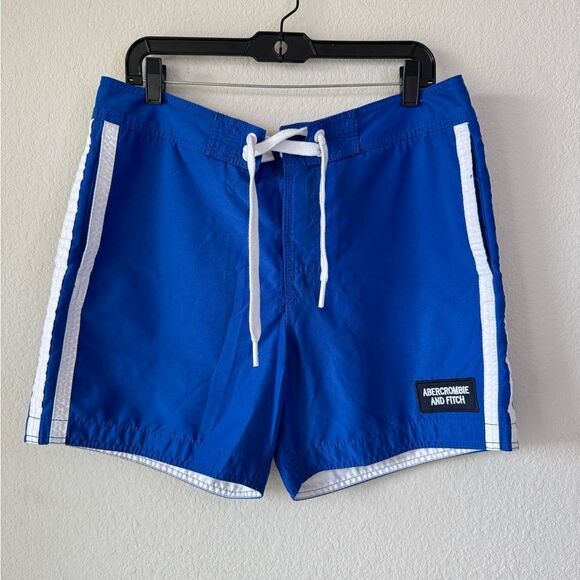 Abercrombie & Fitch Men’s Swim Trunks Sz L Blue White Striped Trim Board Shorts - Picture 1 of 8